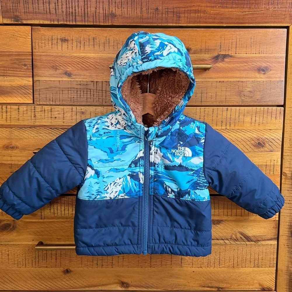 The North Face Blue and White Baby Puffer Reversible Jacket